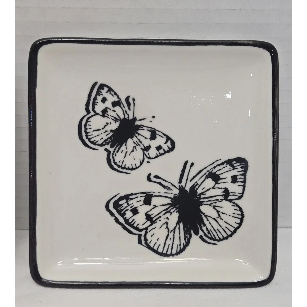 Grace and Belle Square Jewelry Ring Dish Set Black/White Ceramic Bird/Butterfly